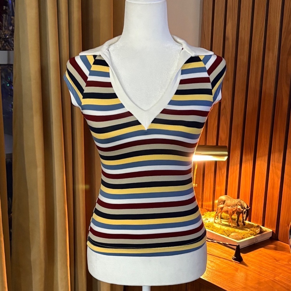 VTG 90s I Love Next Era Women Medium Striped V-Neck Polo Shirt Multi-Color Retro